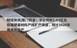 财经快讯|厦门钨业：子公司拟1.63亿元投建硬面材料产线扩产项目，预计2026年建成并投产