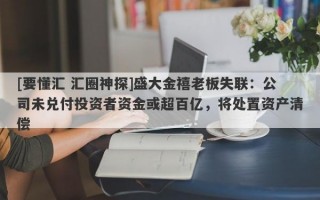 [要懂汇 汇圈神探]盛大金禧老板失联：公司未兑付投资者资金或超百亿，将处置资产清偿